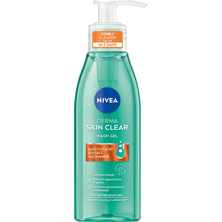 Nivea Derma Skin Clear Wash Gel dyprensende ansiktsvask med salisylsyre i turkis plastflaske med hvit pumpe.