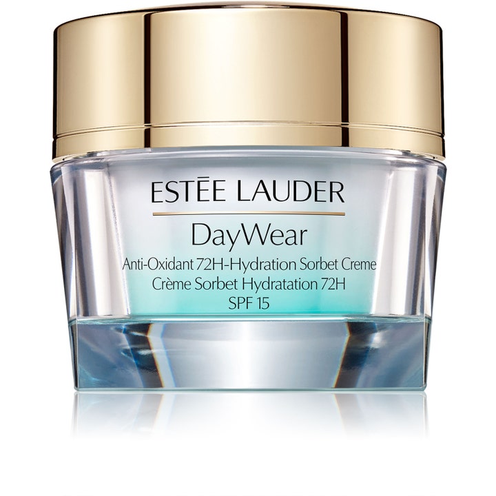 Estée Lauder DayWear 72H-Hydration Sorbet Creme SPF 15 fuktighetskrem i glasskrukke med gullokk og lyseblå sorbetkrem