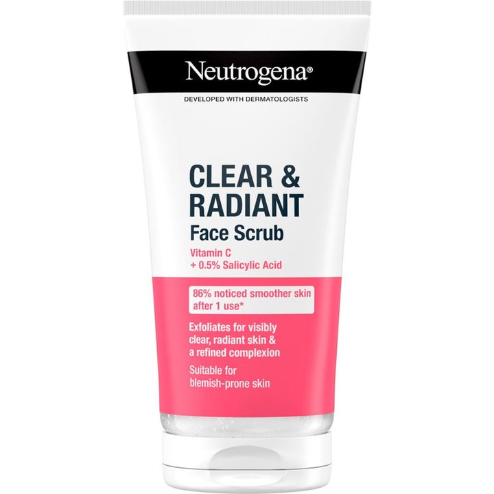 Neutrogena Clear & Radiant Face Scrub eksfolierende ansiktsskrubb med vitamin C som gir glød i hvit og rosa tube