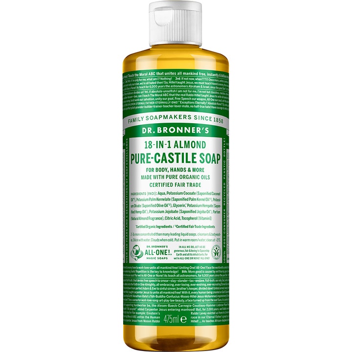 Dr. Bronner's 18-in-1 Almond Pure-Castile Soap 475 ml flerbrukssåpe i transparent flaske med gul væske og grønn etikett