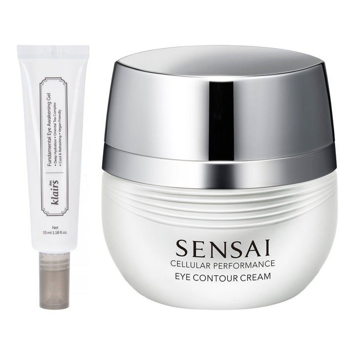 Dear Klairs Awakening Gel 35ml og Sensai Eye Contour Cream fuktighetsgivende øyepleie i hvit tube og krukke med sølvdetaljer
