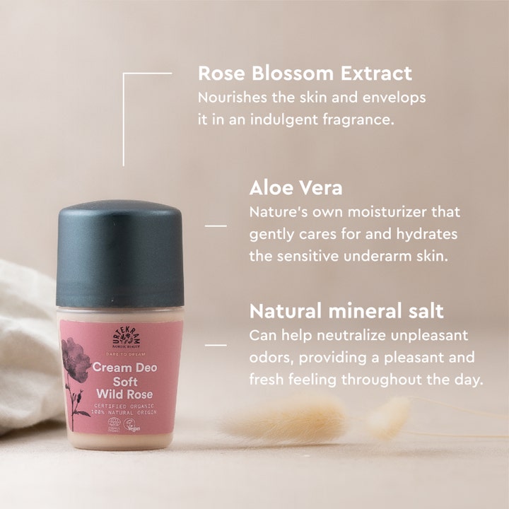 Urtekram Soft Wild Rose Deo 50 ml kremdeodorant med roseekstrakt, fuktighetsgivende aloe vera og naturlig mineralsalt.