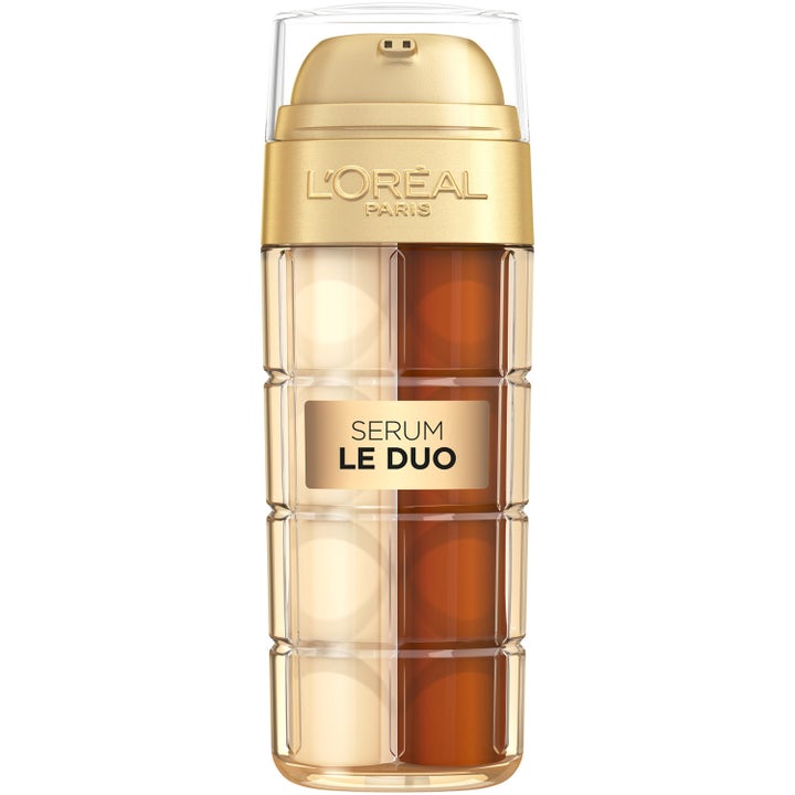 L'Oréal Paris Serum Le Duo 30 ml glødgivende ansiktsserum i todelt flaske med hvit og bronsefarget formel og gullpumpe
