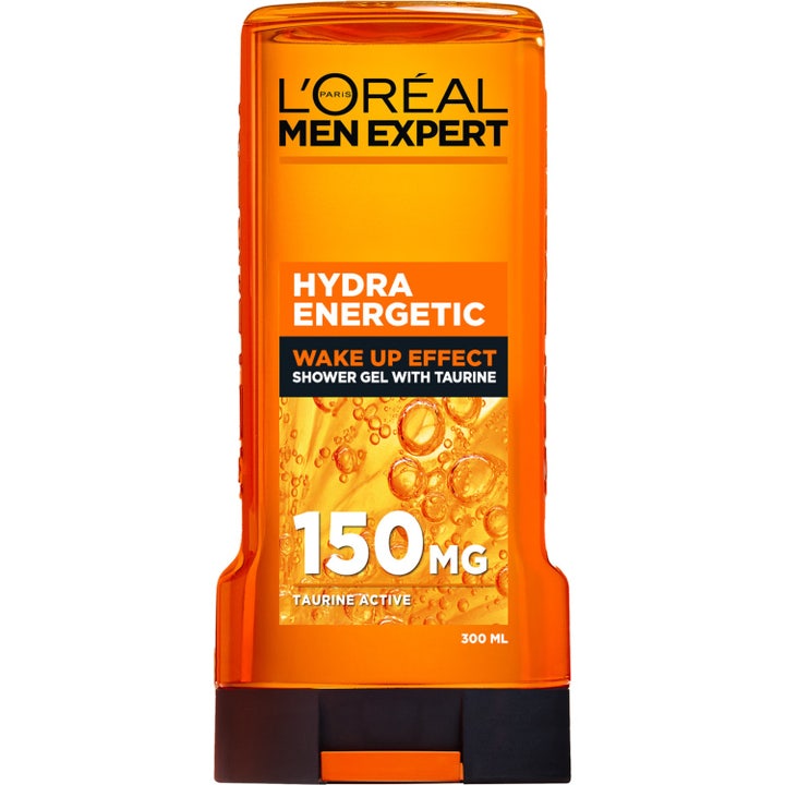 L'Oréal Men Expert Hydra Energetic 300ml oppfriskende dusjsåpe i en oransje gjennomsiktig plastflaske med sort kork