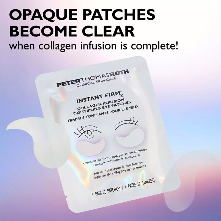 Peter Thomas Roth Instant FIRMx Collagen Infusion Eye Patches 8 stk oppstrammende øyemasker i hvit sachet som blir klare.