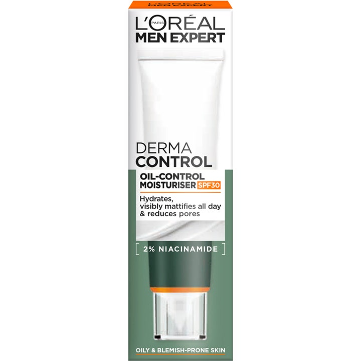 L'Oréal Paris Men Expert Derma Control 40 ml mattende ansiktskrem med SPF30 og niacinamid i hvit og grønn eske