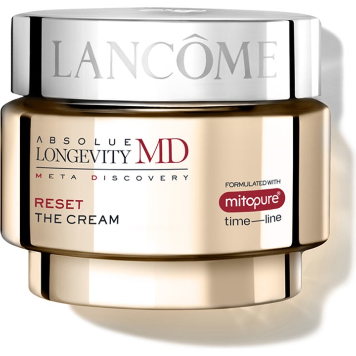 Lancôme Absolue Longevity MD Reset The Cream fornyende ansiktskrem i en luksuriøs gullfarget krukke med sølvlokk.