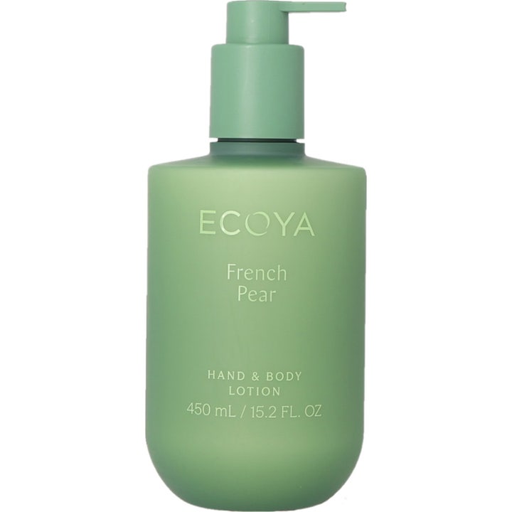 Ecoya French Pear 450 ml pleiende hånd og kroppslotion i en stilren matt grønn flaske med pumpe