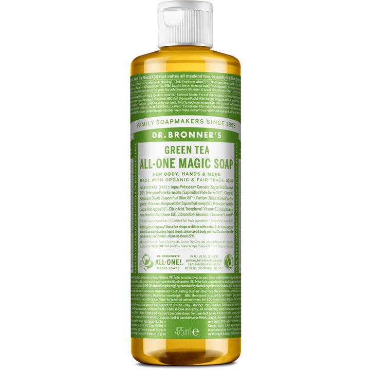 Dr. Bronner's Green Tea All-One Magic Soap 475ml rensende flytende såpe i ravfarget flaske med grønn etikett