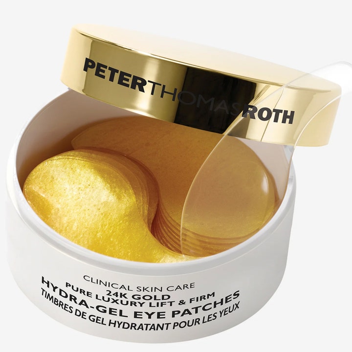 Peter Thomas Roth 24k Gold Hydragel Eye Patches 60 stk oppstrammende øyemaske med gullpads i hvit krukke med gulllokk.