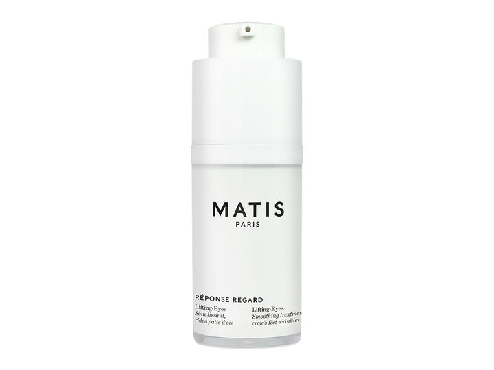 Matis Réponse Regard Lifting-Eyes 15ml løftende øyekrem som glatter ut rynker i hvit sylindrisk pumpeflaske.