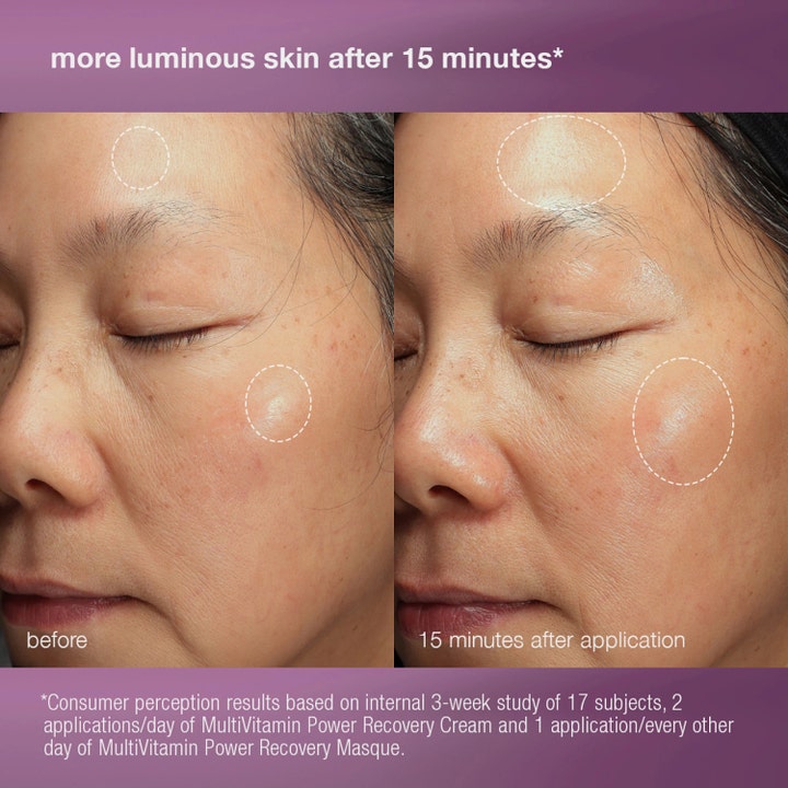 Dermalogica Stressed Skin Recovery System hudpleiesett gir økt glød vist med før og etter-bilder på ansiktet.