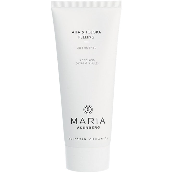 Maria Åkerberg AHA & Jojoba Peeling 100 ml eksfolierende peeling i hvit tube som gir glød med jojobakorn og melkesyre
