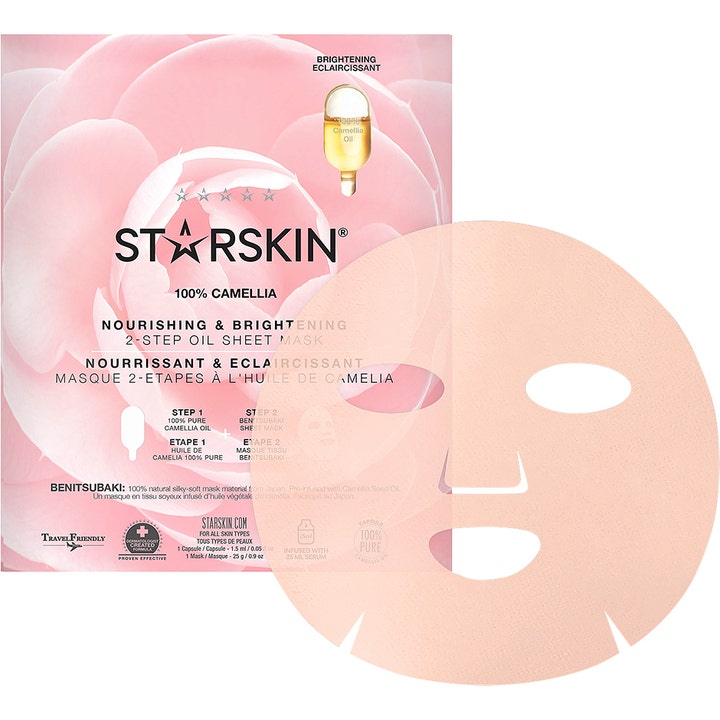 Starskin 100% Camellia 2-Step Oil Sheet Mask 25 g glødgivende ansiktsmaske med rosa blomstermotiv og lyserosa maske.