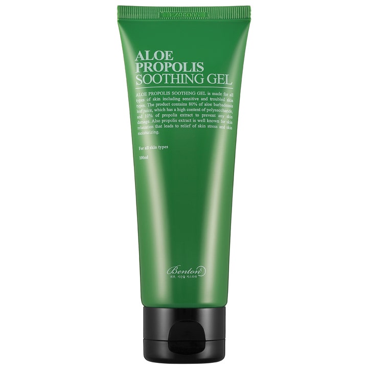 Benton Aloe Propolis Soothing Gel 100ml beroligende ansiktsgel i grønn tube med sort lokk som gir intens fuktighet.