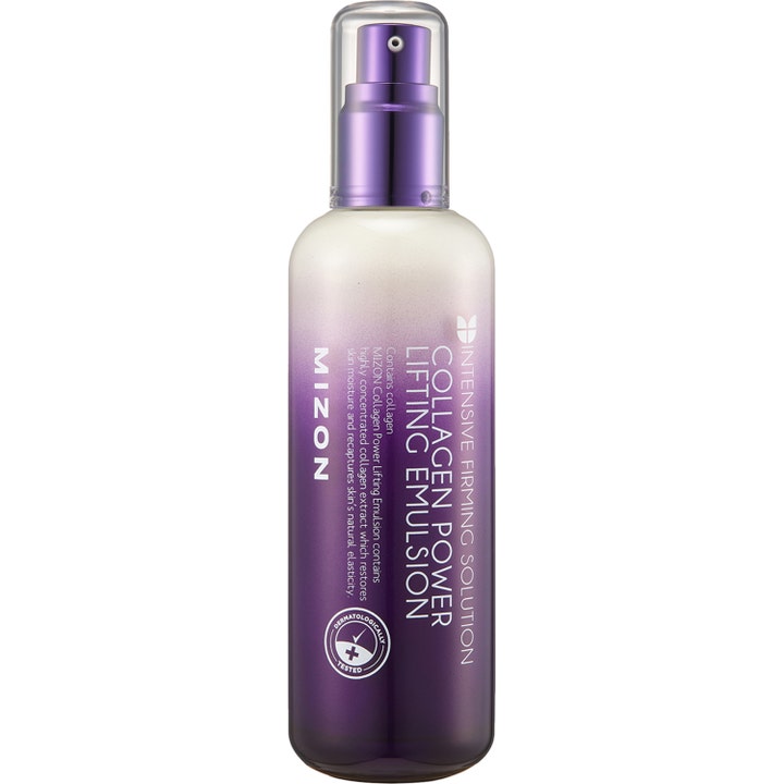 Mizon Collagen Power Lifting Emulsion 120 ml oppstrammende ansiktskrem i lilla flaske med pumpe