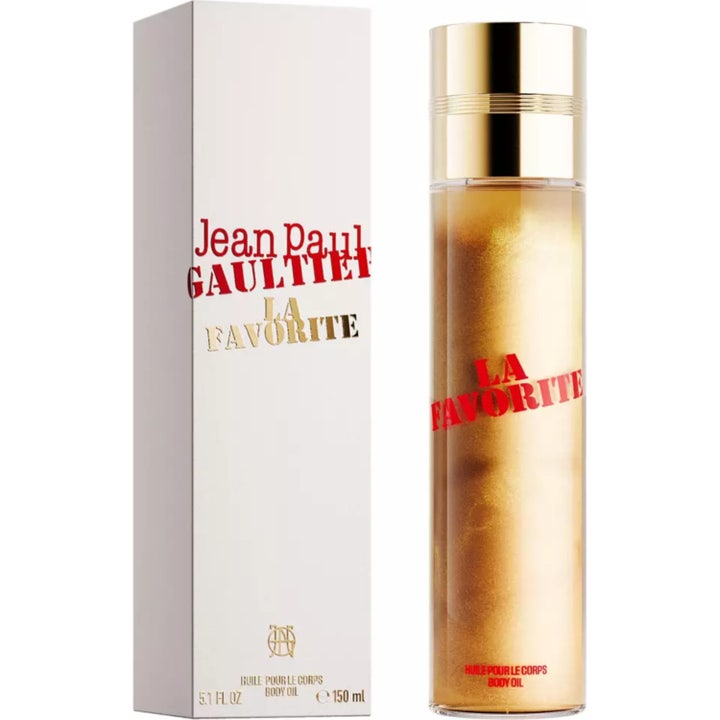 Jean Paul Gaultier La Favorite kroppsolje 150 ml i gyllen flaske med gullkork ved siden av hvit eske