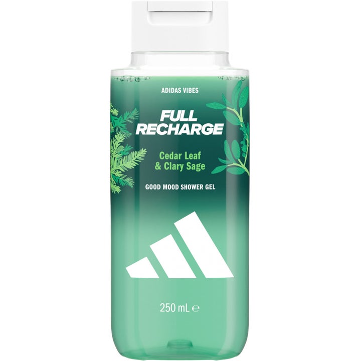 Adidas Vibes Full Recharge 250 ml dusjgelé gir energi med sedertre i en grønn flaske med hvitt lokk.