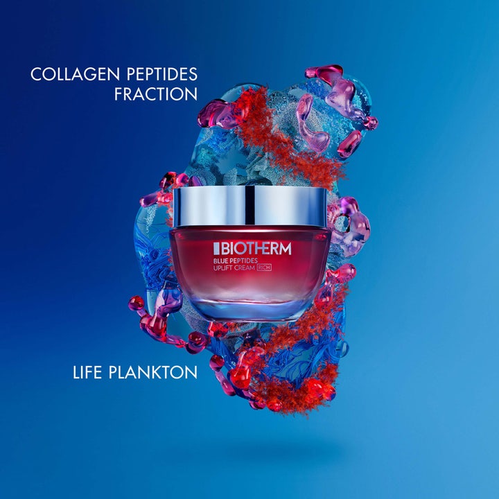 Biotherm Blue Peptides Uplift Rich 50 ml dagkrem i rød glasskrukke med Life Plankton og Collagen Peptides Fraction