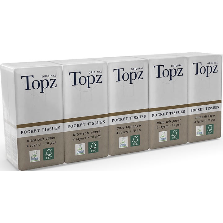 Topz Original Pocket Tissues 10x10 stk myke 4-lags papirlommetørklær i hvit og beige plastinnpakning med miljømerker