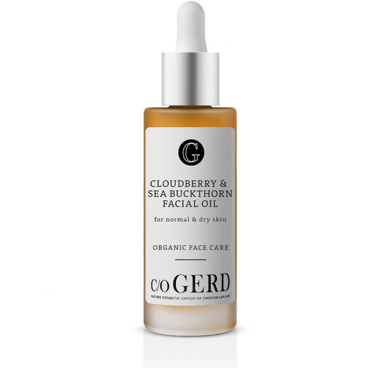 c/o Gerd Cloudberry & Sea Buckthorn Facial Oil pleiende ansiktsolje i frostet glassflaske med oransje olje og pipette
