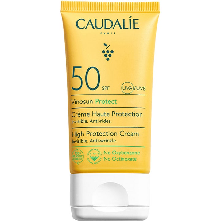 Caudalie Vinosun Protect High Protection Cream SPF 50 solkrem mot rynker i gul tube med hvit kork.