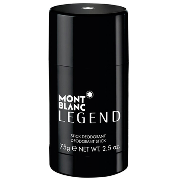 Montblanc Legend 75g deodorant stick gir langvarig friskhet i en elegant svart beholder med hvit logo.