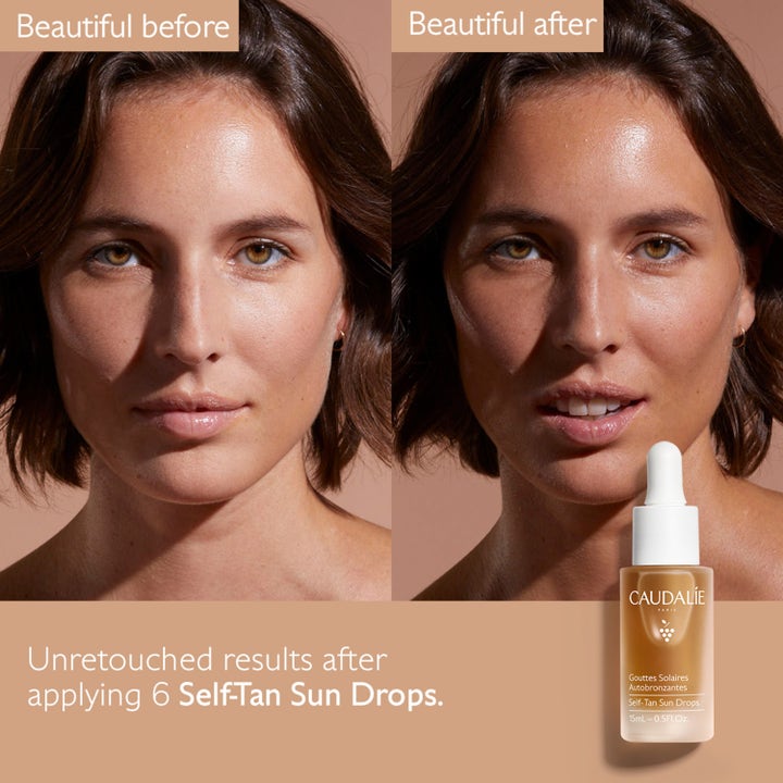 Caudalie Self-Tan Sun Drops 15 ml gir glød i en før og etter sammenligning av ansikt med solkysset hud