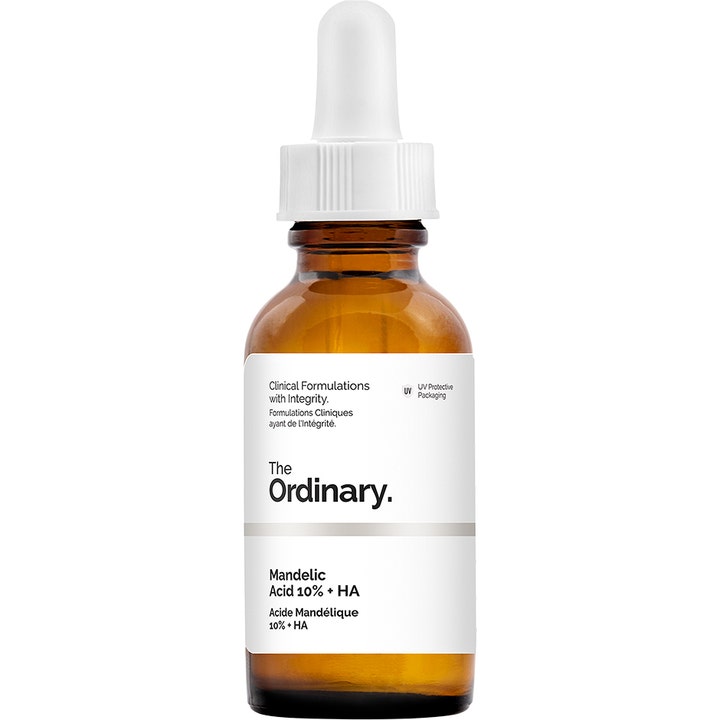 The Ordinary Mandelic Acid 10% + HA 30ml skånsom peeling i ravfarget glassflaske med hvit pipette