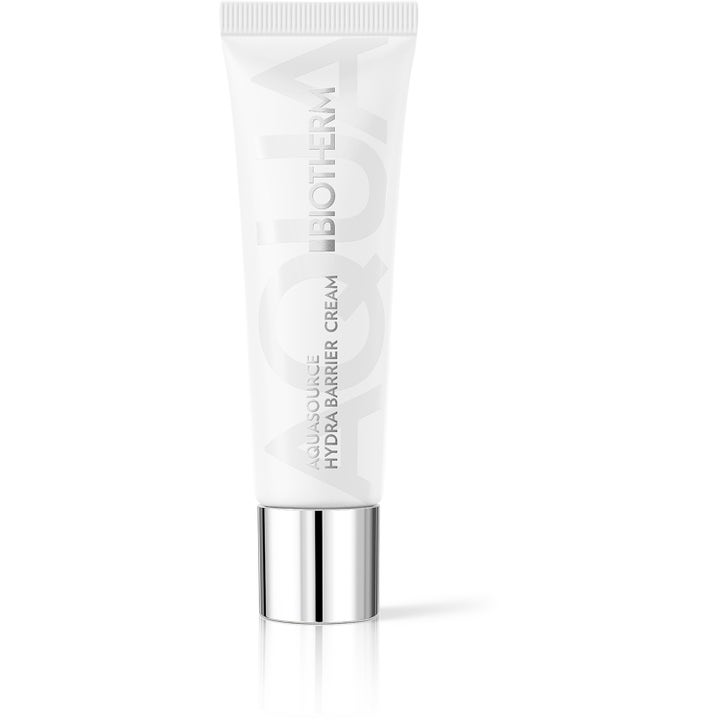 Biotherm Aquasource Hydra Barrier Cream fuktighetskrem som styrker hudbarrieren i en hvit tube med sølvfarget kork