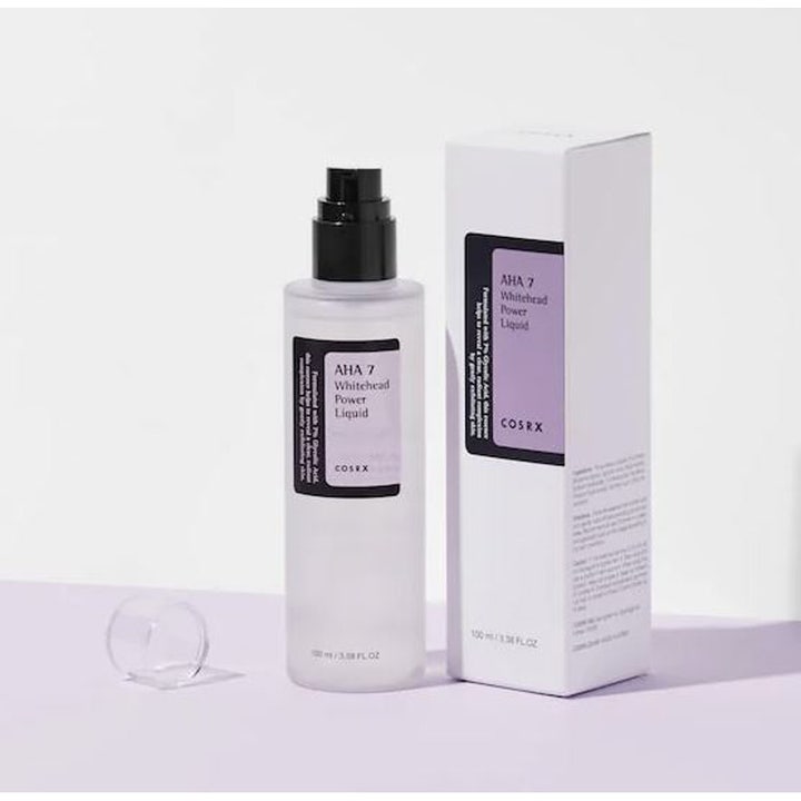 COSRX AHA 7 Whitehead Power Liquid 100 ml eksfolierende toner i frostet flaske med pumpe ved siden av hvit og lilla eske.