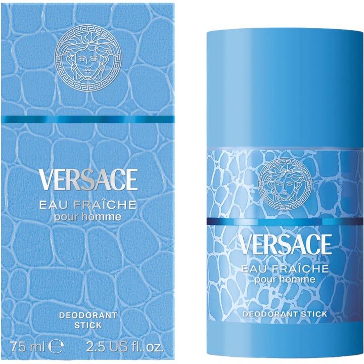Versace Eau Fraiche Deostick 75 ml frisk herrdeodorant i lyseblå hylse og eske med mønster og sølvfarget logo