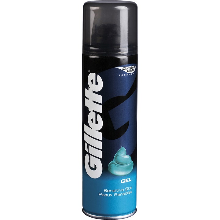 Gillette Sensitive Skin Shave Gel barbergele for sensitiv hud i blå og svart sprayboks med turkis gelé.