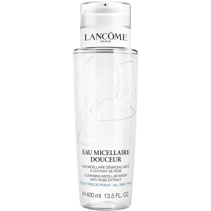 Lancôme Eau Micellaire Douceur 400 ml rensende micellærvann i gjennomsiktig flaske med preget rose og hvit pumpe