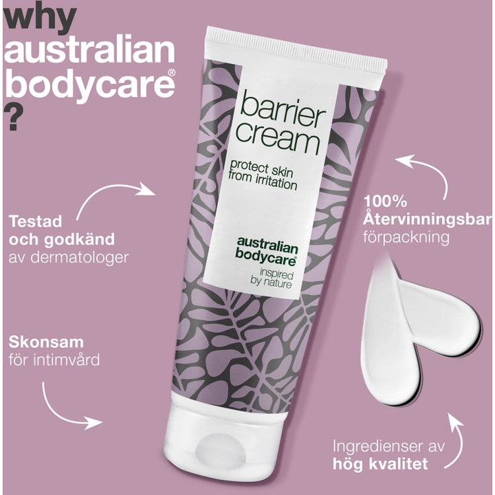 Australian Bodycare Barrier Cream 100 ml intimpleie mot irritasjon vist med hvit kremtekstur og lilla tube.
