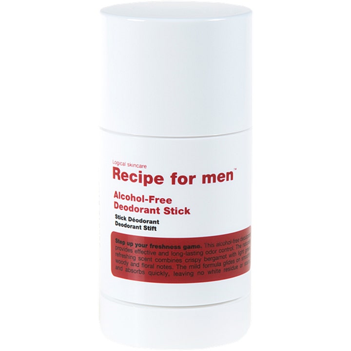 Recipe for men Alcohol-Free Deodorant Stick 75 ml mot lukt i hvit stiftbeholder med rød detalj