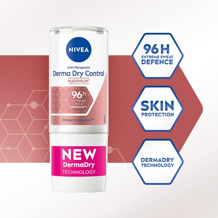 NIVEA Derma Dry Control 50 ml roll-on deodorant mot svette med 96 timers beskyttelse og hudpleiende teknologi