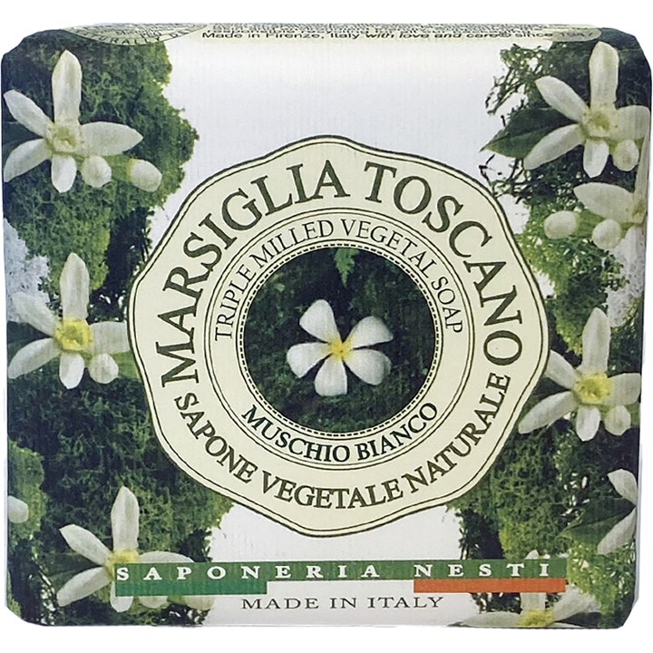 Nesti Dante Marsiglia Toscano Muschio Bianco 200 g vegetabilsk såpe i papir med hvite blomster og grønn mose