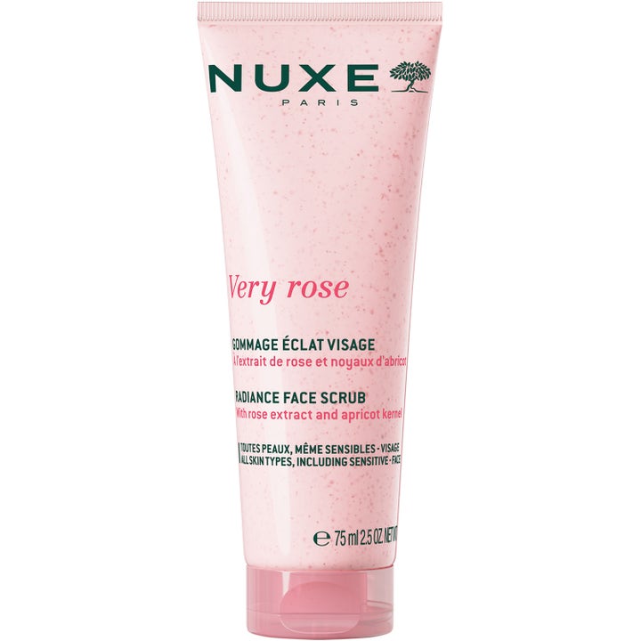 Nuxe Very Rose Radiance Face Scrub 75 ml ansiktsskrubb som gir glød i en lyserosa tube med små synlige korn.