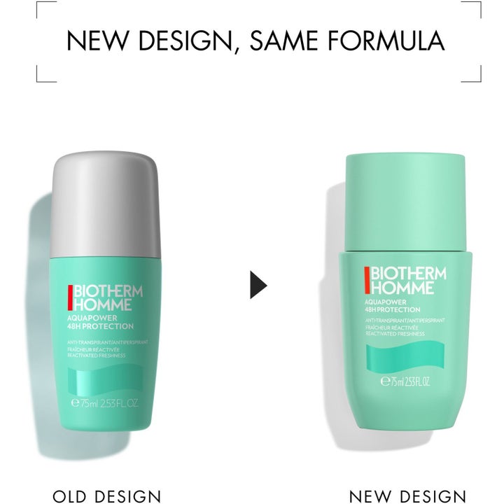 Biotherm Homme Aquapower Roll-On Deodorant 75ml gir 48h friskhet vist i gammel og ny turkis design med farget kork
