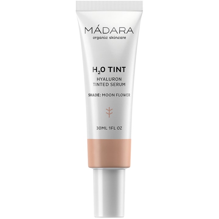 Mádara H2O Tint Hyaluron Tinted Serum 30 ml fuktgivende serum i hvit tube som viser ferskenfarget nyanse