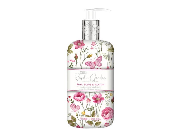 Baylis & Harding Royale Garden Rose Poppy & Vanilla 500 ml fuktighetsgivende håndsåpe med rosa blomster og sølvpumpe.
