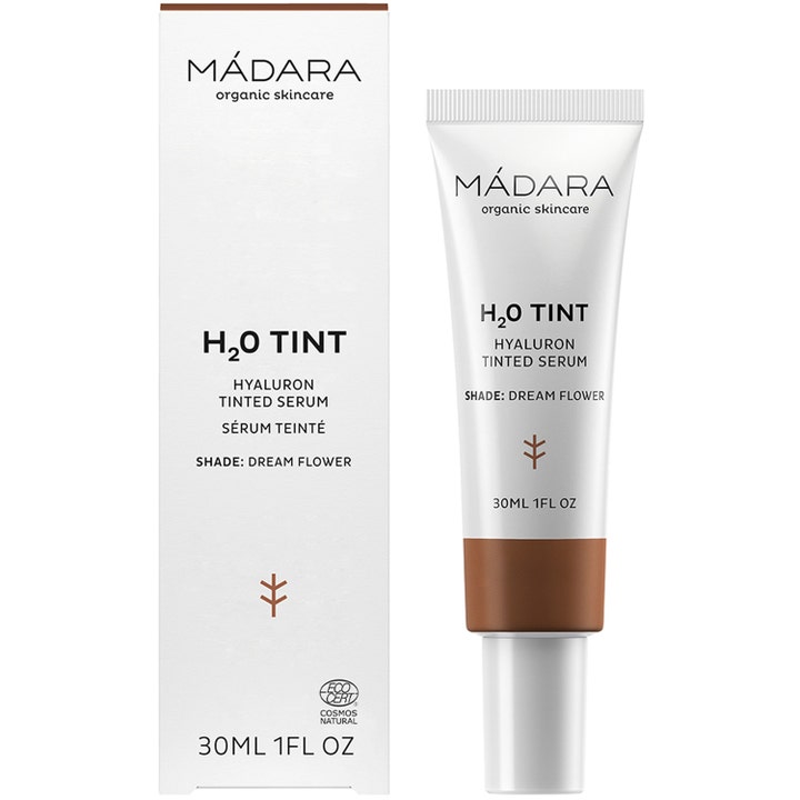 MÁDARA H2O Tint Hyaluron Tinted Serum 30 ml fuktighetsgivende serum i hvit tube og eske i fargen Dream Flower
