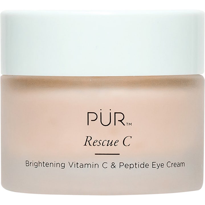 PÜR Rescue C Brightening Vitamin C & Peptide Eye Cream opplysende øyekrem i frostet glasskrukke med hvitt lokk