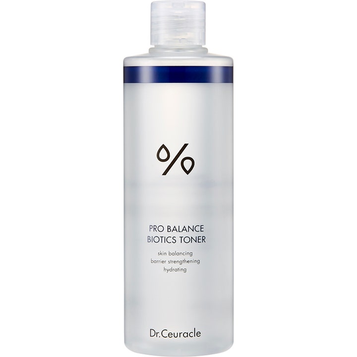 Dr. Ceuracle Pro Balance Biotics Toner 300ml balanserer huden i en frostet plastflaske med blått bånd og klar kork