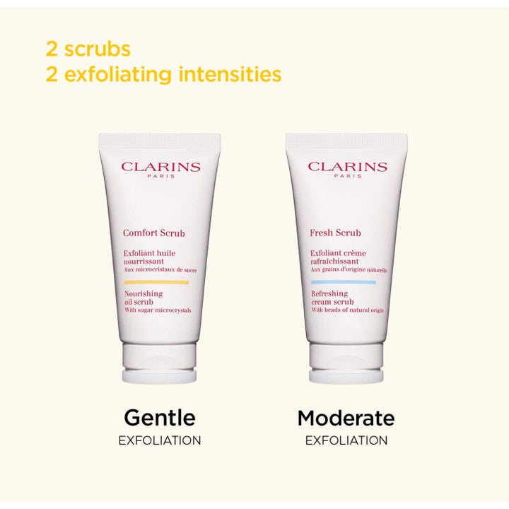 Clarins Comfort Scrub 50 ml nærende ansiktsskrubb i hvit tube gir skånsom peeling sammenlignet med Fresh Scrub.