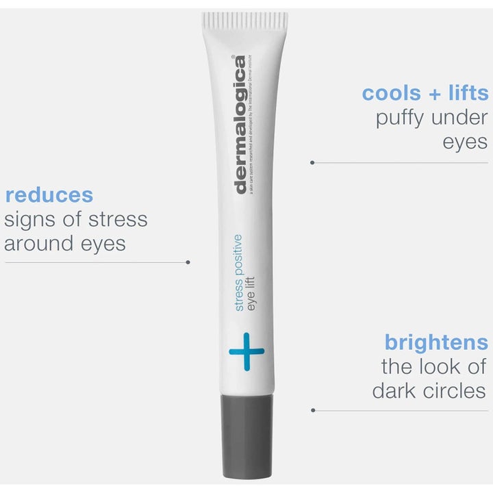 Dermalogica Stress Positive Eye Lift øyekrem i hvit tube som kjøler og løfter hovne øyne og lysner mørke ringer