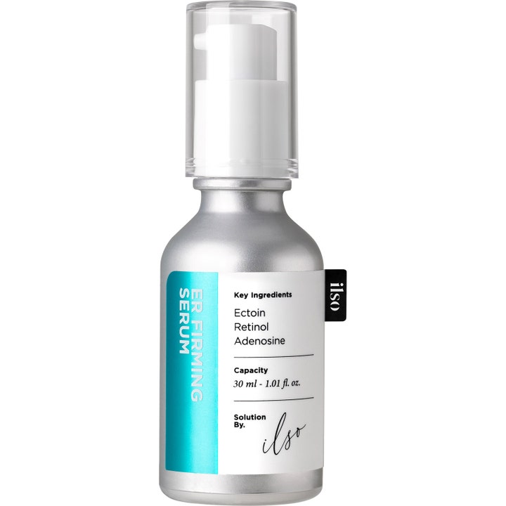 ilso ER Firming Serum 30 ml oppstrammende ansiktsserum med retinol i sølvfarget flaske med hvit pumpe og klar kork.