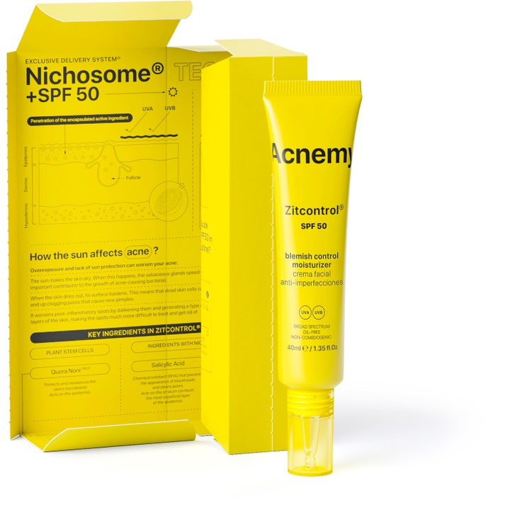 Niche Beauty Lab Acnemy Zitcontrol 40 ml dagkrem mot kviser i gul tube og eske med SPF 50