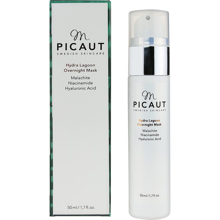 M Picaut Hydra Lagoon Overnight Mask 50 ml fuktighetsgivende ansiktsmaske i hvit pumpeflaske med Niacinamide og eske.